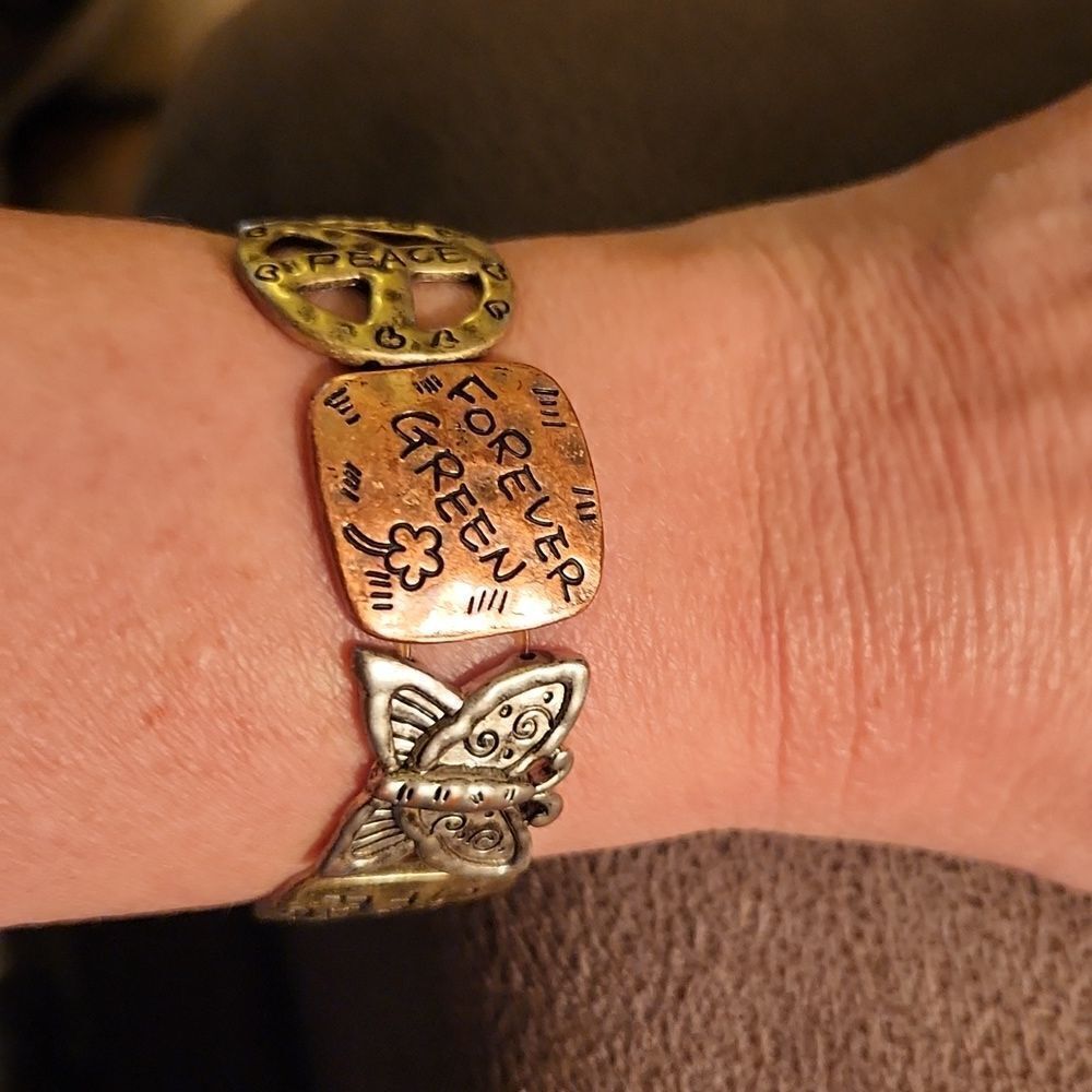 Multi tone metal bracelet, bohemian style with save the Earth phrases